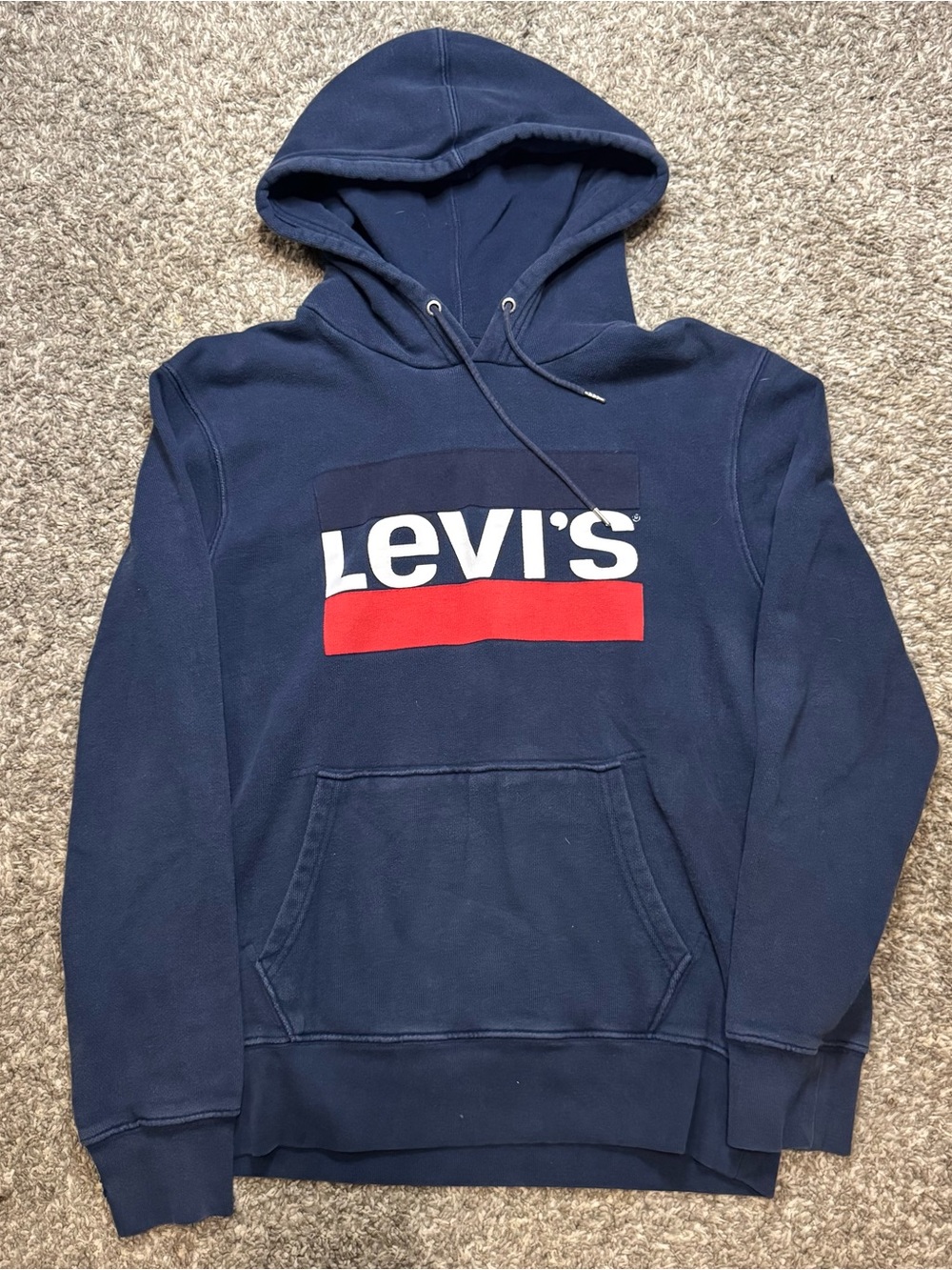 Vintage Levi's Navy Pullover Hoodie with Red Logo Bar mens Medium made in Turkey